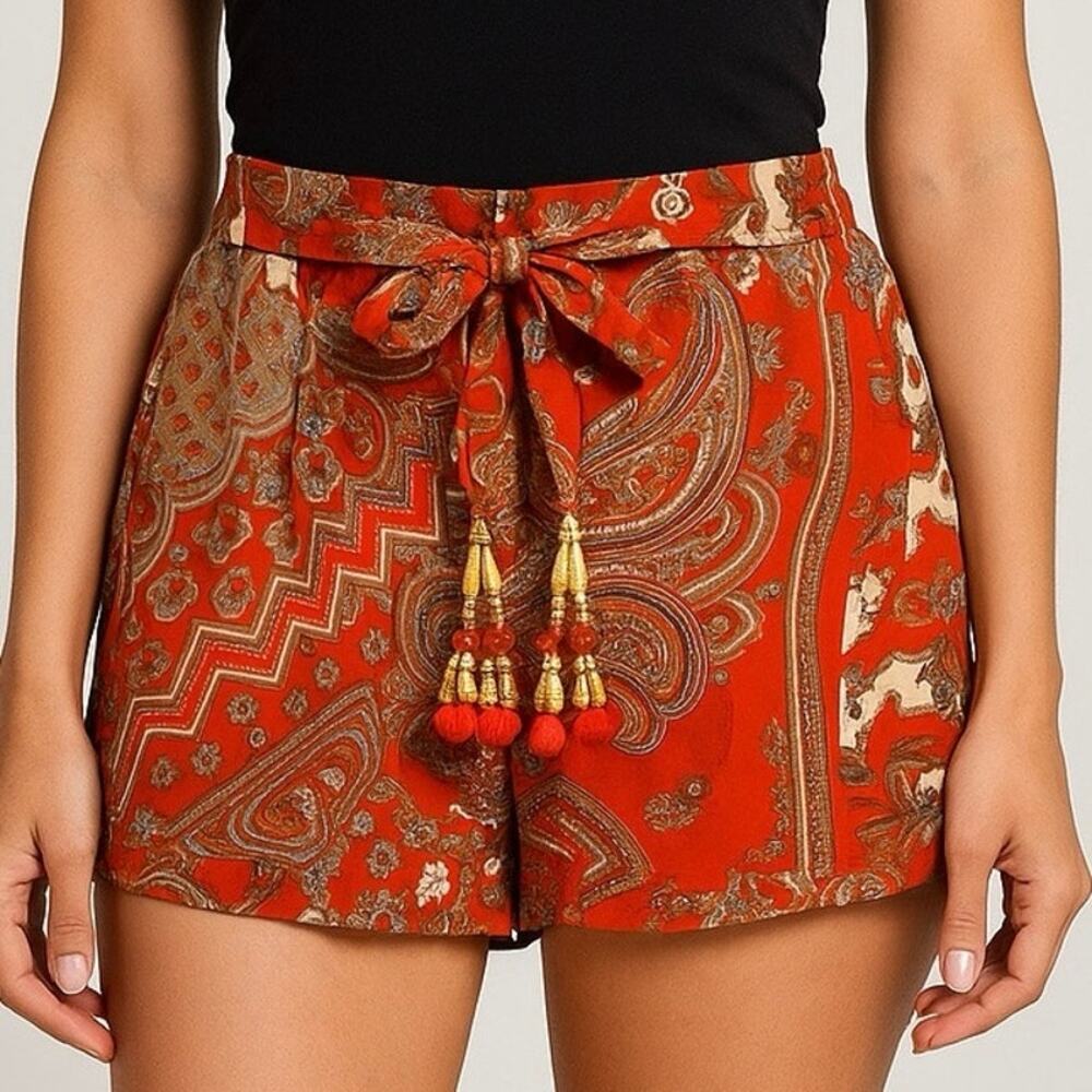 Bohemian Red Paisley Patchwork Shorts with Tassel Bead Accents Festival Style